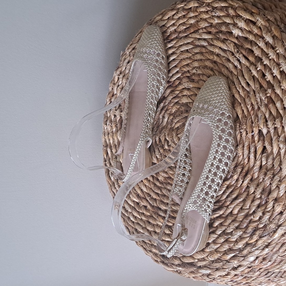 Stuart Weitzman Womens Light Gold Metallic Woven Ballet Flats Ankle Strap S-5